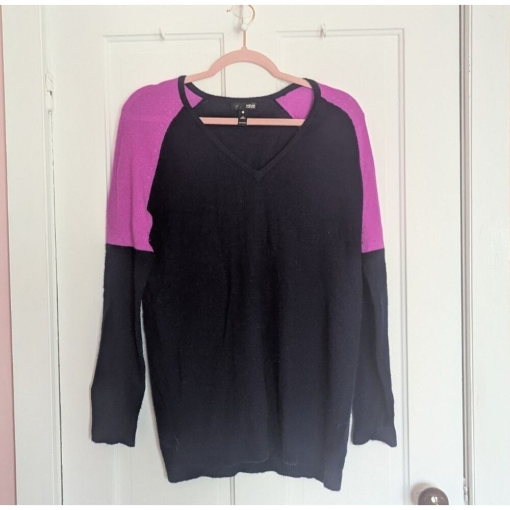 Aqua Cashmere Pullover Sweater Black & Pink Colorblock Cashmere V Neck Size M